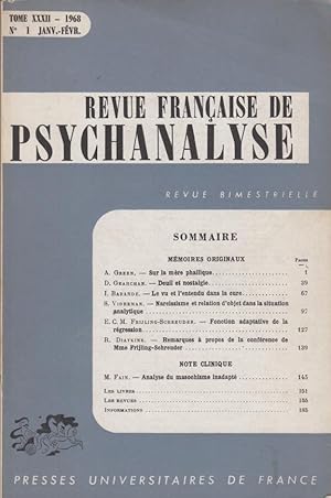 Bild des Verkufers fr Revue Franaise de Psychanalyse - Tome XXXII - N 1 zum Verkauf von PRISCA