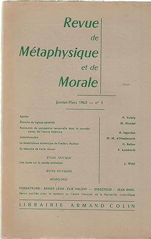 Bild des Verkufers fr Revue de Mtaphysique et de Morale - Janvier-Mars 1960 - N 1. zum Verkauf von PRISCA