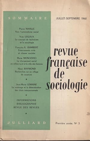 Seller image for Revue franaise de sociologie. Juillet - Septembre 1960 N3 for sale by PRISCA
