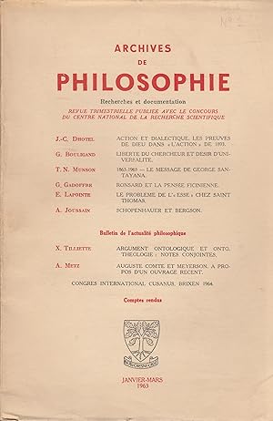 Image du vendeur pour Archives de Philosophie - Recherches et documentation - Tome XXVI - Cahier 1 - Janvier-Mars 1963 mis en vente par PRISCA