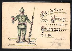 Künstler-Ansichtskarte Handgemalt: Deutscher Soldat mit Weinglas, Geburtstagsgrüsse