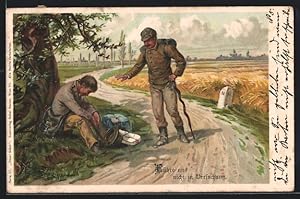 Bild des Verkufers fr Knstler-Ansichtskarte E. Dcker: Ein Wanderer denkt ber das Stehlen der Ausrstung eines anderen Wanderers nach zum Verkauf von Bartko-Reher