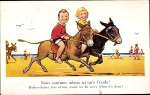 Künstler Ansichtskarte / Postkarte Tempest, D., Kinder reiten auf Eseln den Strand entlang