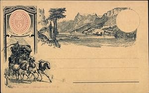 Vorläufer Litho Postkutsche, Gebirge, See, Jubiläumspostkarte, Gültigkeit bis 31.12.1893