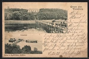 Ansichtskarte Flensburg, Ostseebad, Uferpartie mit Brücke