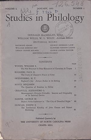 Imagen del vendedor de Studies in Philology. - Volume L - N 1 - January, 1953. a la venta por PRISCA