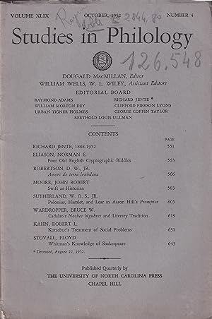 Bild des Verkufers fr Studies in Philology. - Volume XLIX - N 4 - October, 1952. zum Verkauf von PRISCA