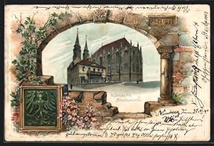 Passepartout-Lithographie Nürnberg, Sebalduskirche hinter altem Tordurchgang