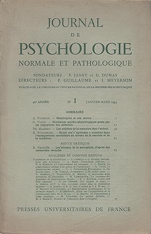 Bild des Verkufers fr Journal de Psychologie normale et pathologique. - 46 anne - N 1 - Janvier/Mars 1953. zum Verkauf von PRISCA