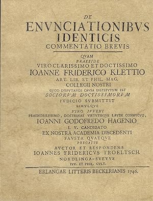 Imagen del vendedor de De Enunciationibus Identicis Commentatio Brevis a la venta por PRISCA