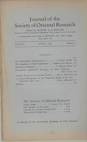 Seller image for Journal of the Society of Oriental Research - Volume IX - Number 2 for sale by PRISCA