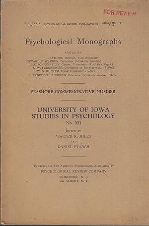 Bild des Verkufers fr Psycholigical Review Publications - Vol. XXXIX - N 2 - Whole N 178, 1928 - Psychological Monographs - Seashore Commemorative Number - University of Iowa Studies in Psychology - N XII. zum Verkauf von PRISCA