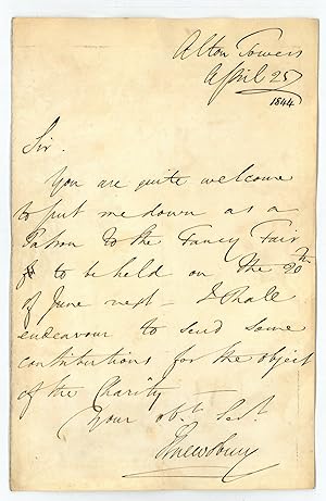 Imagen del vendedor de Autograph letter signed ("Shrewsbury"). a la venta por Antiquariat INLIBRIS Gilhofer Nfg. GmbH