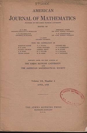 Bild des Verkufers fr American Journal of Mathematics. - Volume LX - N 2 zum Verkauf von PRISCA