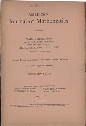 Bild des Verkufers fr American Journal of Mathematics. - Volume XLIV - N 3 zum Verkauf von PRISCA
