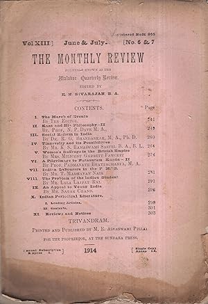 Imagen del vendedor de The Monthly Review. Formerly known as the Malabar Quarterly Review. - Vol. XIII - N 6 & 7 - June & July 1914. a la venta por PRISCA