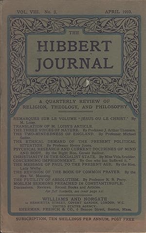 Bild des Verkufers fr The Hibbert Journal - Vol. VIII - N 3 - April 1910 - A Quarterly Review of Religion, Theology, and Philosophy. zum Verkauf von PRISCA