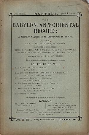 Seller image for The Babylonian & Oriental Record : A Monthly Magazine of the Antiquities of the East. - Vol. II - N 1 for sale by PRISCA