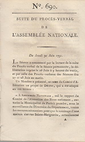 Bild des Verkufers fr Suite du procs -Verbal de L'Assemble Nationale. Du Jeudi 30 Juin 1791. N 690 zum Verkauf von PRISCA