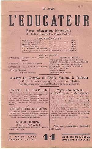 Seller image for L'ducateur. Revue pdagogique bimensuelle de l'institut coopratif de l'Ecole Moderne. Du 1er mars 1948. for sale by PRISCA