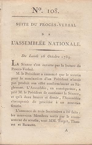 Seller image for Suite du Procs -Verbal de L'Assemble Nationale. Du Lundi 26 Octobre 1789. N 108 for sale by PRISCA