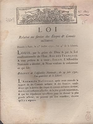 Image du vendeur pour Loi relative au service des tapes & Convois militaires. - Donne  Paris, le 1er Juillet 1792, l'an 4 de la Libert. mis en vente par PRISCA