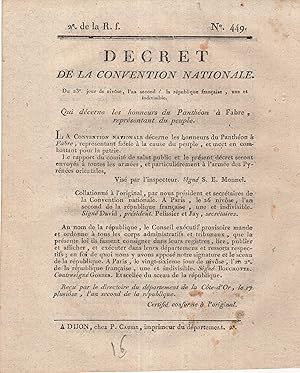 Seller image for Dcret de la Convention Nationale, du 23 jour de nivse, l'an second de la rpublique franaise, une et indivisible, qui dcerne les honneurs du Panthon  Fabre, reprsentant du peuple. - Suivi de : Dcret de la Convention Nationale, du 23 jour de nivse, l'an 2 de la rpublique franaise, une et indivisible, qui adopte au nom de la rpublique les six enfans du brave Richer. for sale by PRISCA