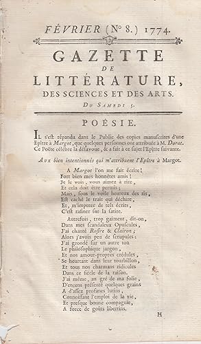 Bild des Verkufers fr Gazette de Littrature, des Sciences et des Arts. Du Samedi 5 Fvrier 1774 - N 8 - Posie. zum Verkauf von PRISCA