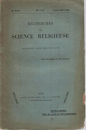 Seller image for Recherches de Science Religieuse. - 10 Anne - N 1-2 for sale by PRISCA