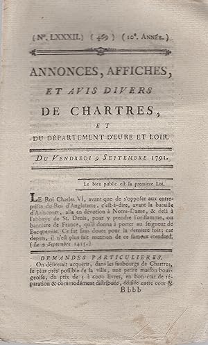 Bild des Verkufers fr Annonces, Affiches, et Avis divers de Chartres, et du dpartement d'Eure et Loir. - Du Vendredi 9 Septembre 1791. - N LXXXII - 10 Anne. zum Verkauf von PRISCA