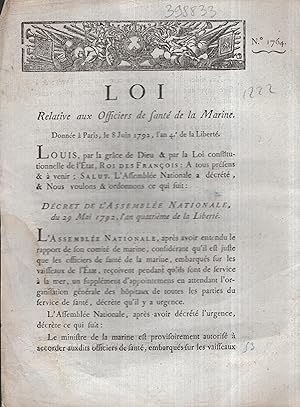 Image du vendeur pour Loi relative aux Officiers de sant de la Marine. - Donne  Paris, le 8 Juin 1792, l'an 4 de la Libert. mis en vente par PRISCA