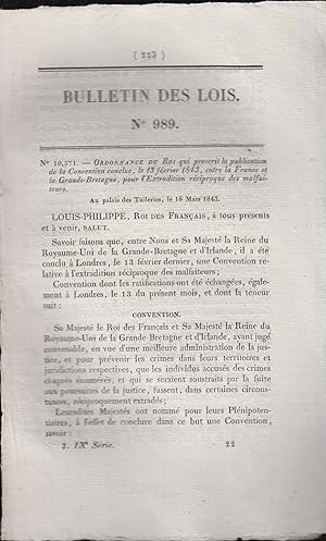 Bild des Verkufers fr Ordonnance du Roi qui prescrit la publication de la Convention conclue le 13 fvrier 1843, entre la France et la Grande Bretagne, pour l'extradition rciproque des malfaiteurs zum Verkauf von PRISCA
