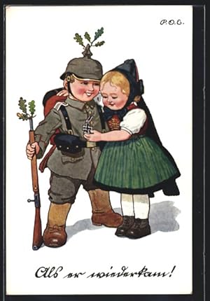 Bild des Verkufers fr Knstler-Ansichtskarte P. O. Engelhard (P.O.E.): Als er wiederkam, Kind als Soldat gekleidet zum Verkauf von Bartko-Reher