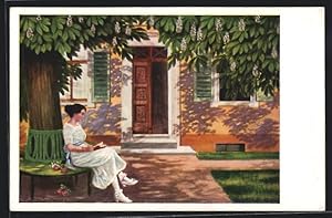 Bild des Verkufers fr Knstler-Ansichtskarte sign. M. Dutzauer: Im Schatten, Frau in weissen Kleid liest Buch unter Baum auf Rundbank zum Verkauf von Bartko-Reher