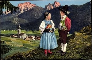 Ansichtskarte / Postkarte Kinder in Tiroler Volkstrachten, Kirche, Berge