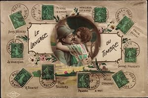 Ansichtskarte / Postkarte Briefmarkensprache, französischer Soldat, Liebespaar