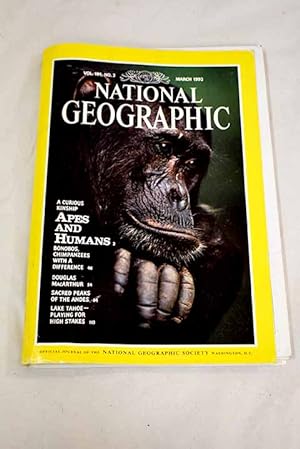 Image du vendeur pour National Geographic Magazine, Ao 1992, vol. 181, n 3:: A curious kinship: apes and humans; Bonobos: chimpanzees with a difference; Douglas MacArthur, an american soldier; Sacred peaks of the Andes; Lake Tahoe, playing for high stakes mis en vente par Alcan Libros