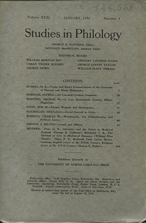 Image du vendeur pour Studies in Philology. - Volume XXXI - N 1 - January, 1934 mis en vente par PRISCA