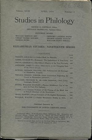 Immagine del venditore per Studies in Philology. - Volume XXXI - N 2 - April, 1934 - Elizabethan Studies : Nineteenth Series. venduto da PRISCA