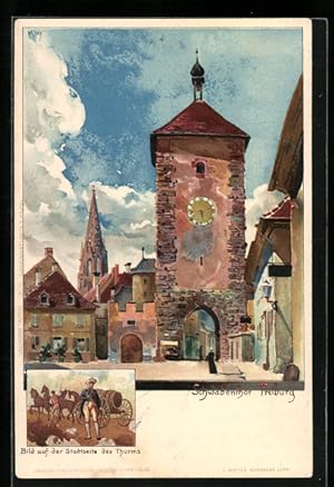 Bild des Verkufers fr Knstler-Ansichtskarte Heinrich Kley: Freiburg, Partie am Schwabentor, Bild auf der Stadtseite des Turms, Mann vor Pferdewagen zum Verkauf von Bartko-Reher