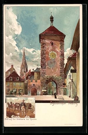 Bild des Verkufers fr Knstler-Ansichtskarte Heinrich Kley: Freiburg, Partie am Schwabentor, Bild auf der Stadtseite des Turms, Mann vor Pferdewagen zum Verkauf von Bartko-Reher