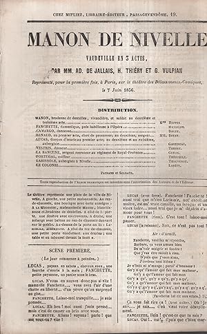 Bild des Verkufers fr Manon de Nivelle, Vaudeville en 3 actes ; Reprsent, pour la premire fois,  Paris, sur le thtre des Dlassements-Comiques, le 7 Juin 1856. zum Verkauf von PRISCA