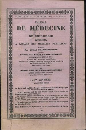 Seller image for Journal de Mdecine et de Chirurgie Pratiques,  l'usage des Mdecins Praticiens. - 75 Anne - 4 Srie. - Tome LXXV for sale by PRISCA