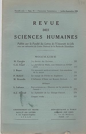 Imagen del vendedor de Revue des Sciences Humaines. - Nouvelle Srie - Fasc. 71 - Juillet/Septembre 1953. a la venta por PRISCA