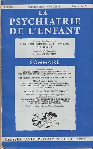 Seller image for La Psychiatrie de l'enfant. - Volume I - Fascicule 2 for sale by PRISCA