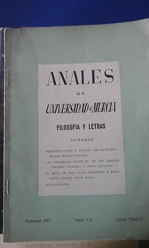 Seller image for LAS PRIMERAS NOVELAS DE PO BAROJA y otros ensayos (Murcia, 1966-67) Anales de la Universidad de Murcia Vol XXV n 1-2 for sale by Multilibro