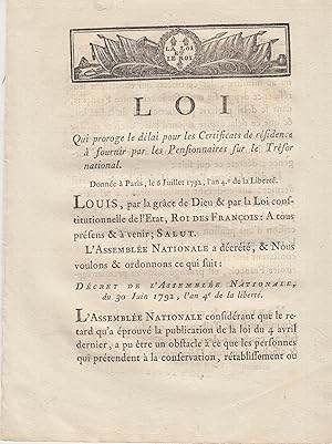 Image du vendeur pour Loi qui proroge de dlai pour les certificats de rsidence  fournir par les pensionnaires sur le trsor national. mis en vente par PRISCA