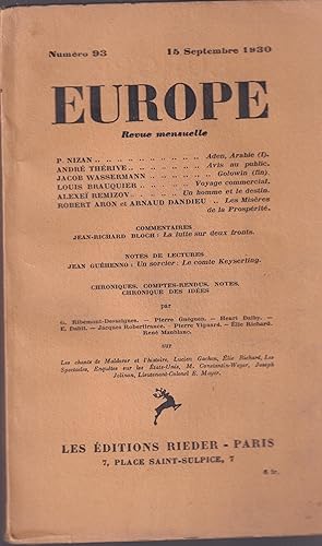 Bild des Verkufers fr Europe. - N 93 - 15 Septembre 1930. zum Verkauf von PRISCA