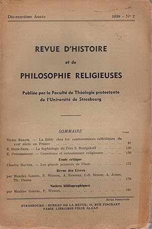 Bild des Verkufers fr Revue d'Histoire et de Philosophie Religieuse - 19 Anne - N 2 zum Verkauf von PRISCA