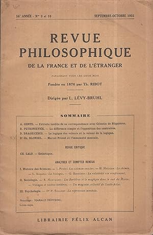 Image du vendeur pour Revue Philosophique de la France et de l'tranger. - 56 Anne - N 9 et 10 - Septembre/Octobre 1931. mis en vente par PRISCA